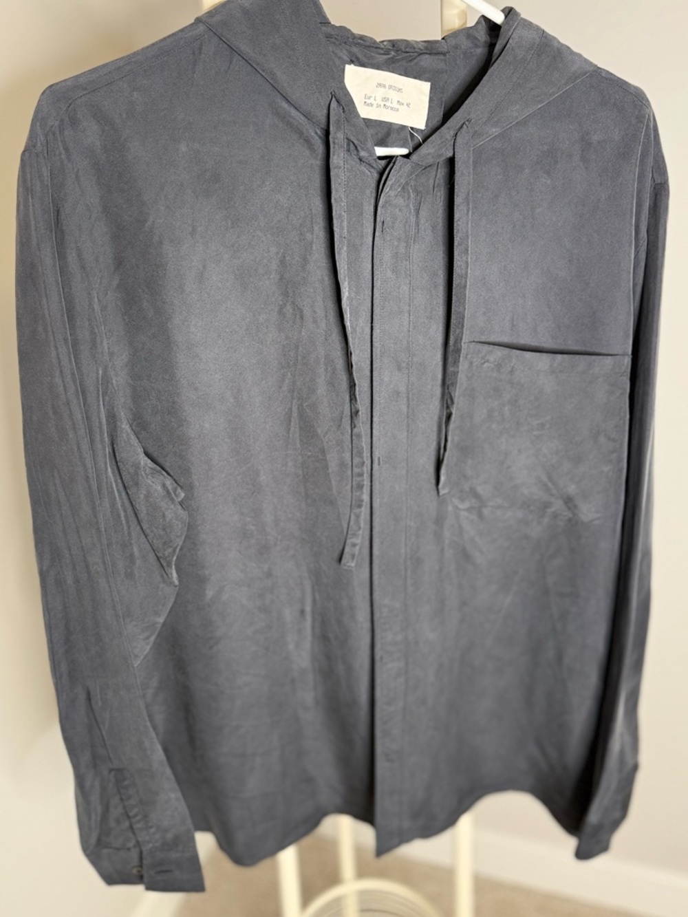 Zara Origins Dark Charcoal Silk Hooded Button-Up Shirt